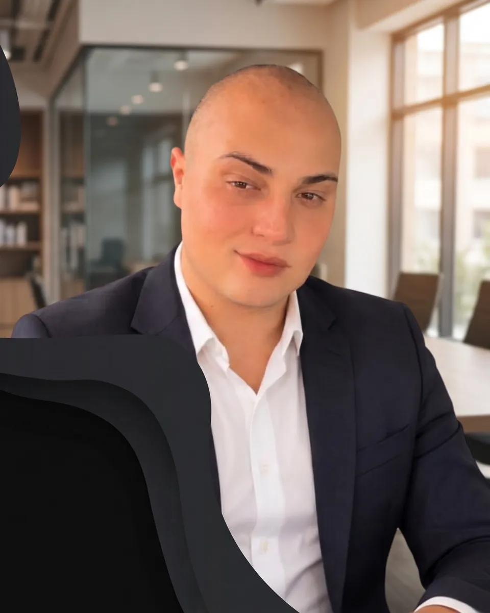 Rodrigo Afonso, CEO e contador da Fator R, de terno, em um escritório
